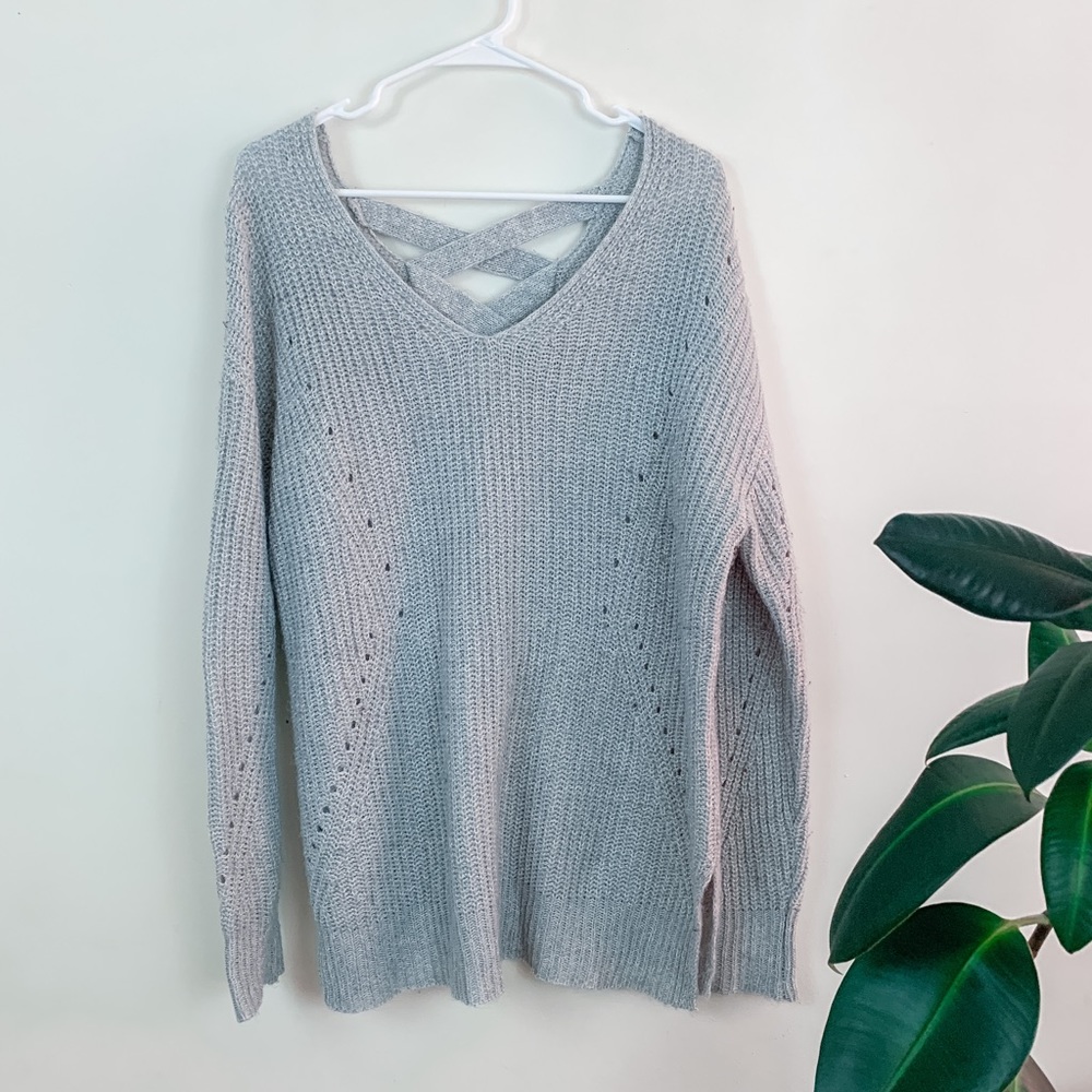 It’s our time gray strappy knit sweater (L)